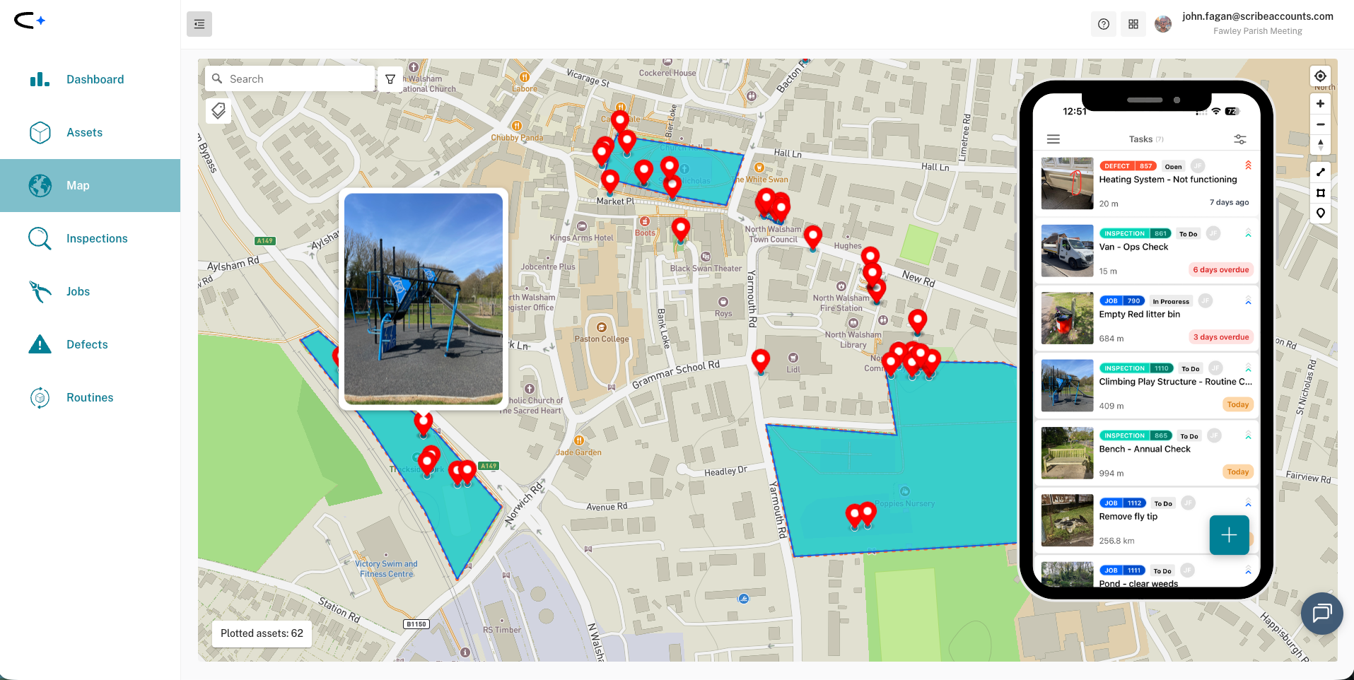 Civic.ly dashboard showing interactive map with asset pins, photos, and mobile app
