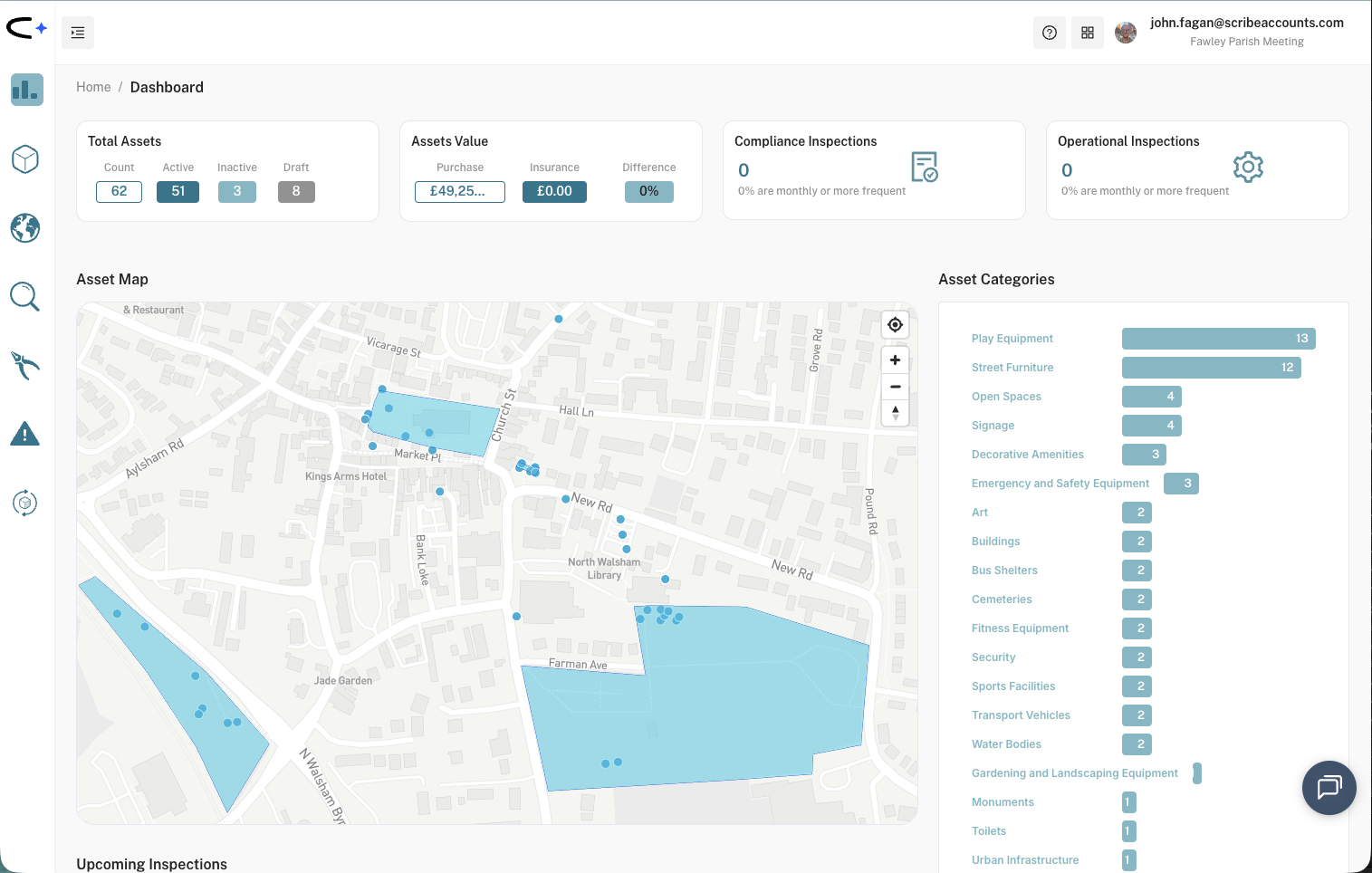 Civic.ly dashboard showing asset map, KPI summary cards, category breakdown, and upcoming inspections