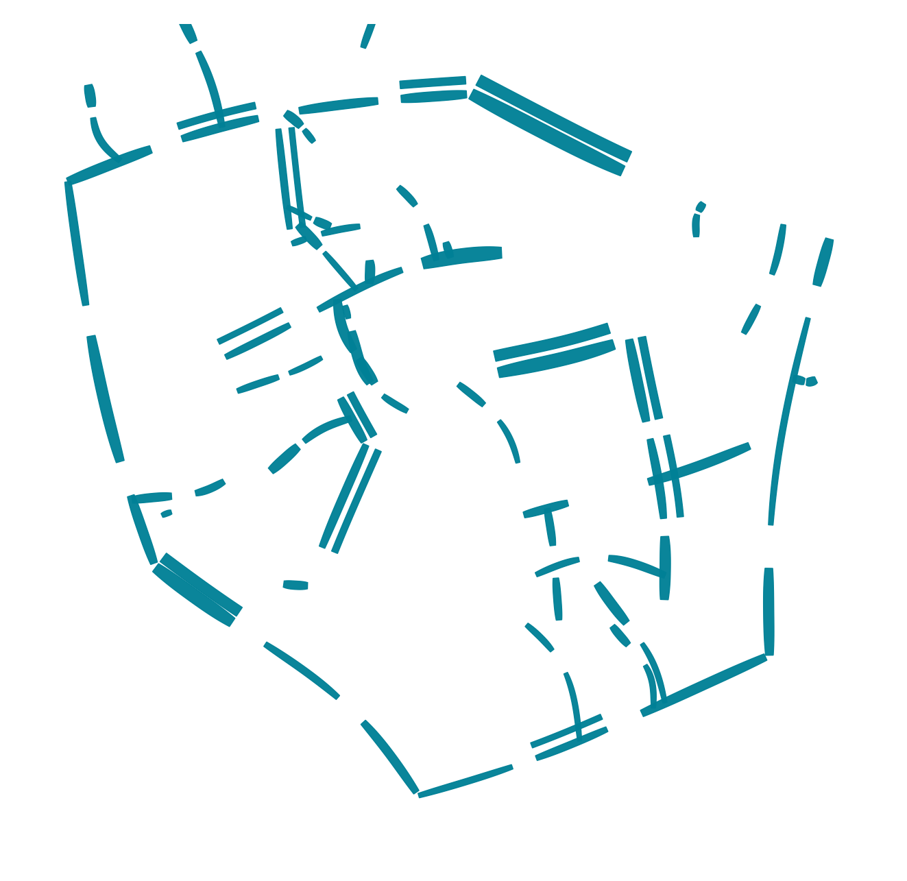 An outline map of a council's grass verges, drawn as teal shapes on a plain white background with no surrounding street detail.