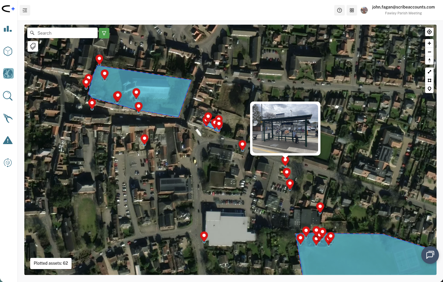 Civic.ly interactive map showing council assets plotted on satellite imagery with polygons and asset pins