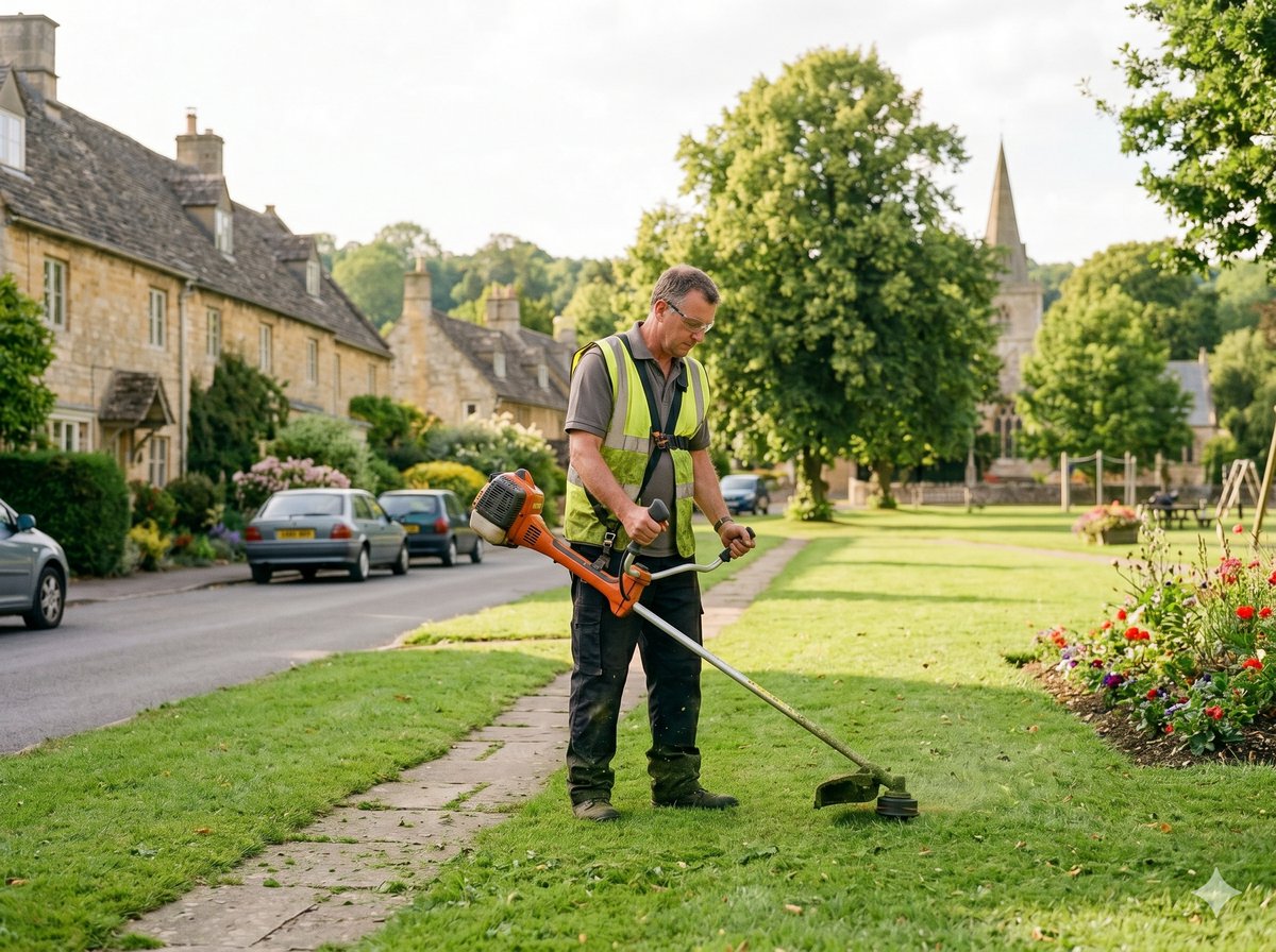 A local council grounds worker tending a grass verge on a village green