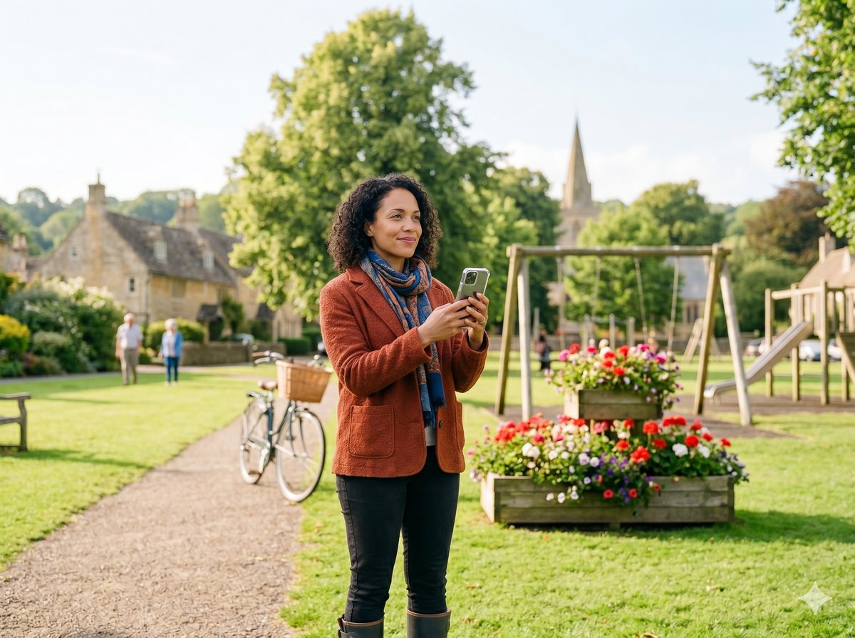 A resident using a smartphone in a community park to engage with their local council