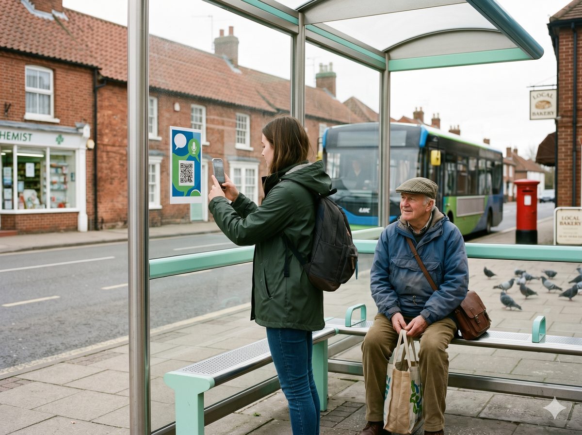 Residents scanning a QR code at a bus shelter to give feedback to their council