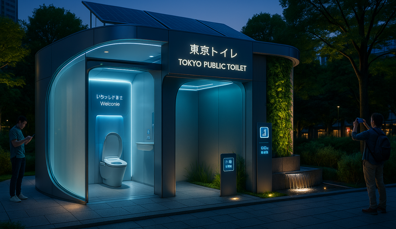 Modern Tokyo public toilet facility with illuminated interior at night